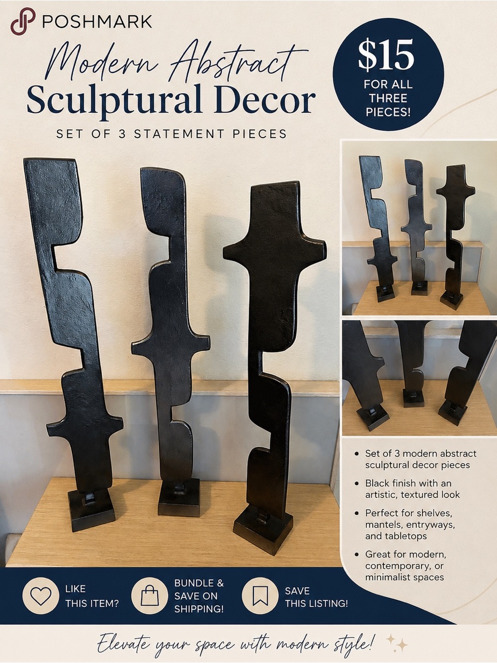Modern Abstract Metal Sculptures - Black Set of 3